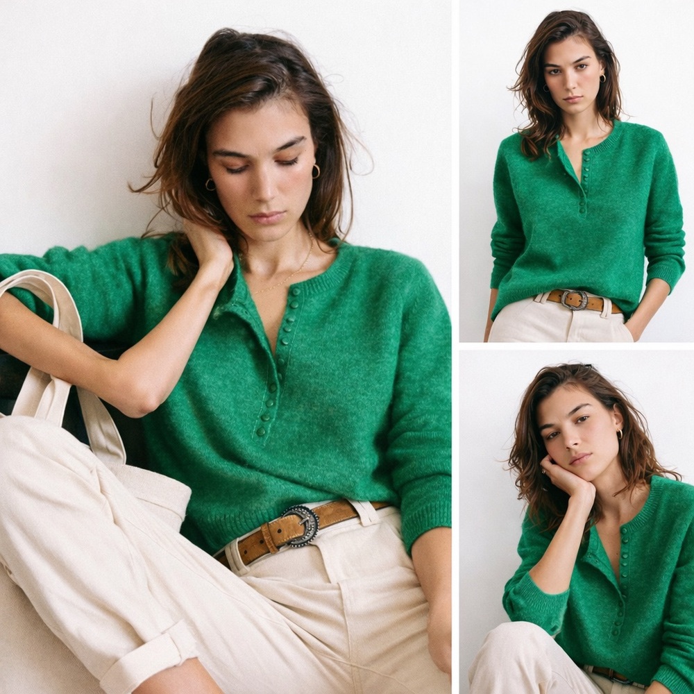 Sezane Green Button-Front Knit Sweater